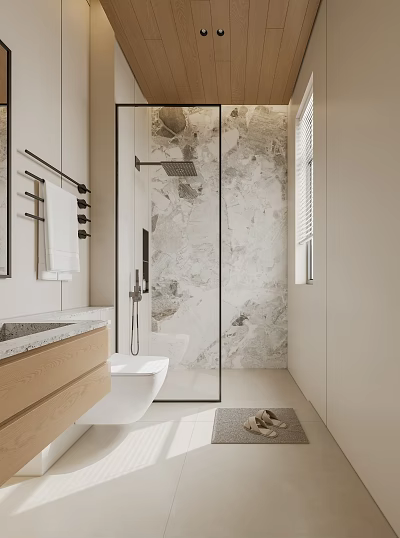 Modern Bathroom Interior With Glass Shower Enclosure Marble Wall And Wooden Vanity 3d model