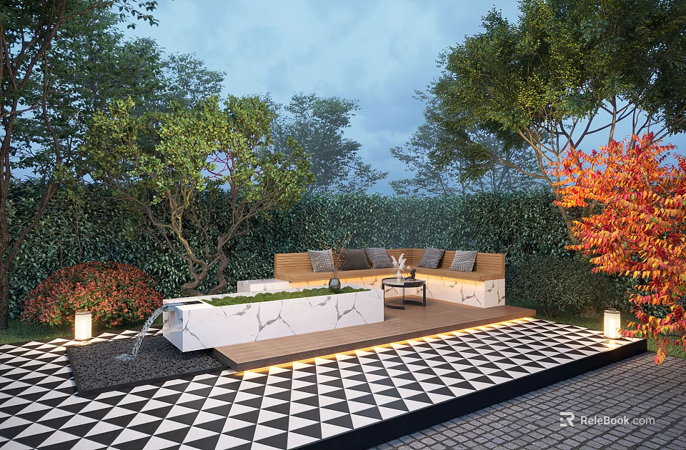 Courtyard Garden with Black and White Checkered Flooring Sofa Seating Green Plants and Ambient Lighting 3d model 