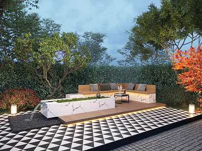 Courtyard Garden with Black and White Checkered Flooring Sofa Seating Green Plants and Ambient Lighting 3d model