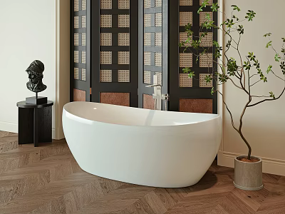 White Freestanding Bathtub In Modern Bathroom With Herringbone Wood Floor Latticed Partition And Green Plant 3d model