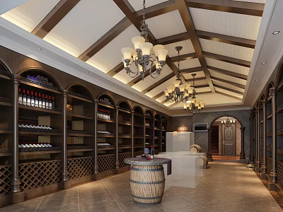 Luxurious Wine Cellar Interior With Arched Racks Chandeliers Wooden Barrel And Displayed Bottles 3d model