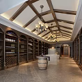 Luxurious Wine Cellar Interior With Arched Racks Chandeliers Wooden Barrel And Displayed Bottles