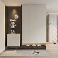 Modern Entryway Design With White Cabinets Silver Robot Figurine Shoes And Marble Floor