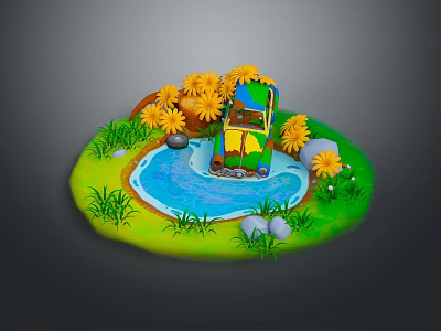 Scenic Natural Landscape With Yellow Flowers Small Waterfall Blue Pond Green Grass And Stones 3d model