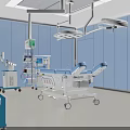 Modern Operating Room Interior With Surgical Bed Lights Medical Equipment Blue Walls And Setup