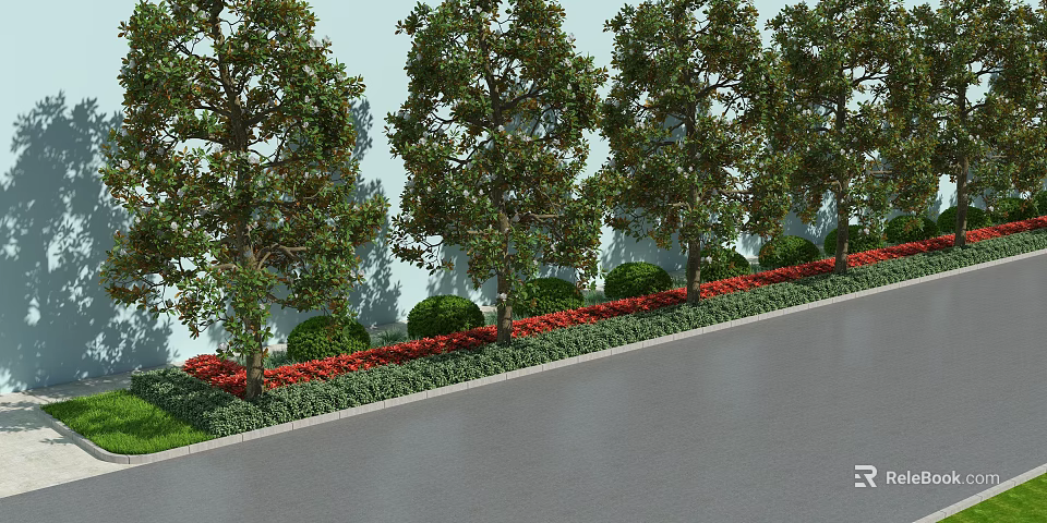 Plant Combination With Tall Trees Trimmed Bushes And Red Flowers Along Roadside 3d model 