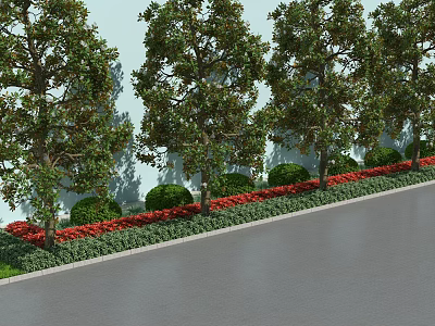 Plant Combination With Tall Trees Trimmed Bushes And Red Flowers Along Roadside 3d model