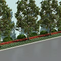 Plant Combination With Tall Trees Trimmed Bushes And Red Flowers Along Roadside