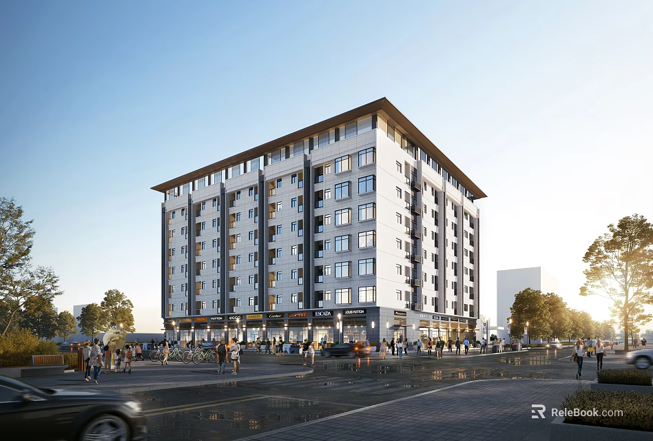 Modern Residential Building Exterior With Multiple Floors Windows And Street Pedestrians 3d model 
