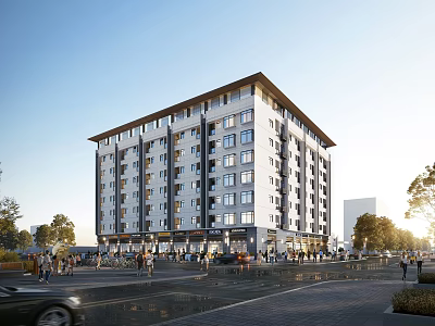 Modern Residential Building Exterior With Multiple Floors Windows And Street Pedestrians 3d model