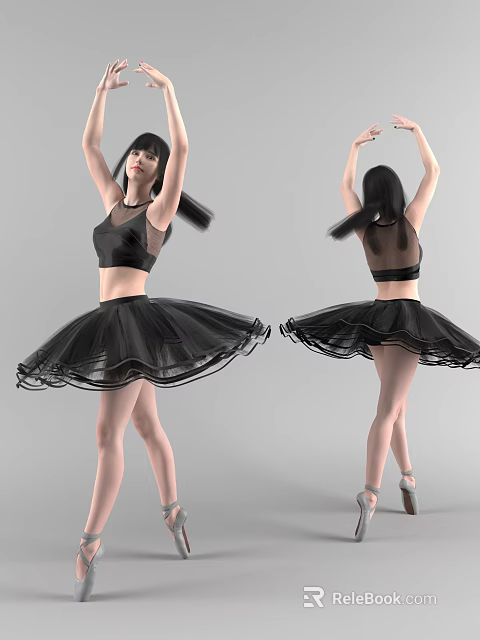Woman Dancing in Black Tulle Dress with Raised Hands and Flowing Skirt Front Back View 3d model 