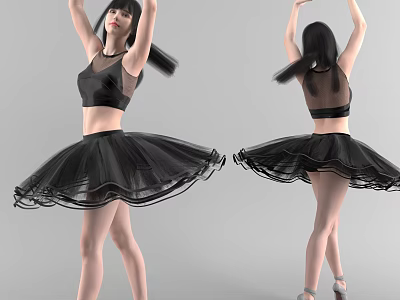 Woman Dancing in Black Tulle Dress with Raised Hands and Flowing Skirt Front Back View 3d model