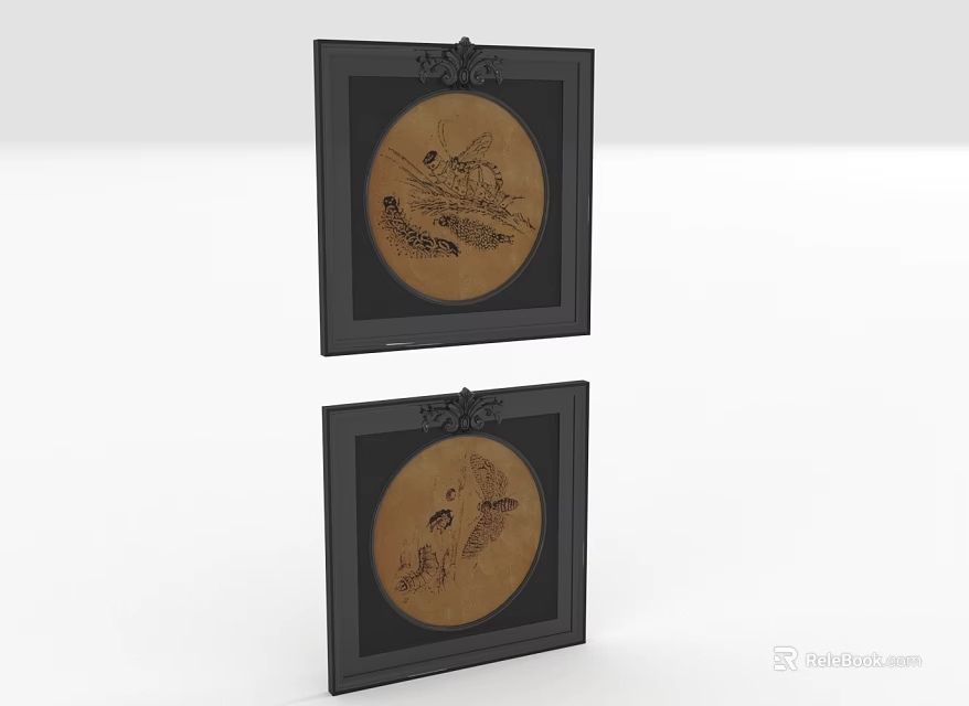 Two Black Framed Circular Animal Paintings With Intricate Animal Motifs 3d model 
