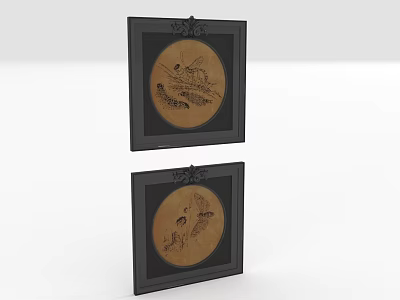 Two Black Framed Circular Animal Paintings With Intricate Animal Motifs 3d model
