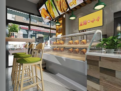 Mall Shop With Bread Display Case Green Pendant Lights Yellow Signboard And Glass Windows 3d model