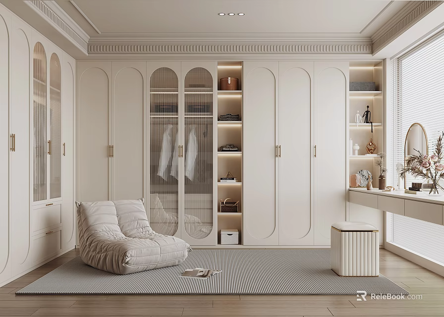 Modern Walk-in Closet with White Cabinets Glass Doors Open Shelves Cozy Chair and Rug 3d model 