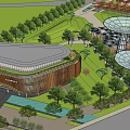 Modern Sales Office Building With Wooden Strip Facade Green Roof And Plaza With Pedestrians Cars