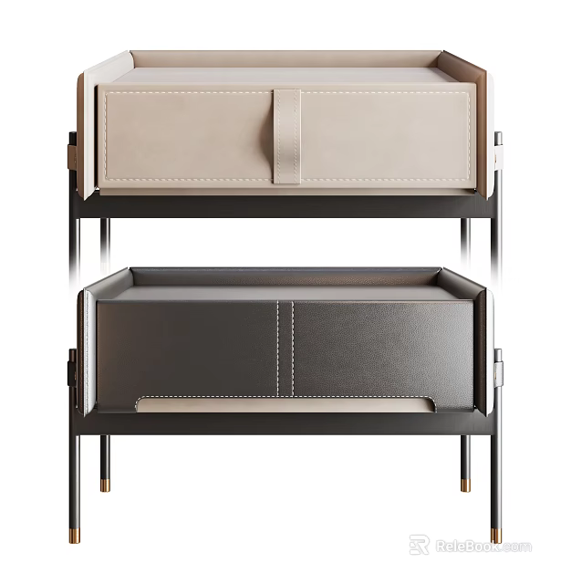 Minimalist Modern Leather Nightstand With Drawer Black Frame And Gold Legs Design 3d model 