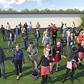 A Group of People Standing On Green Grass Field With Background Wall And Trees