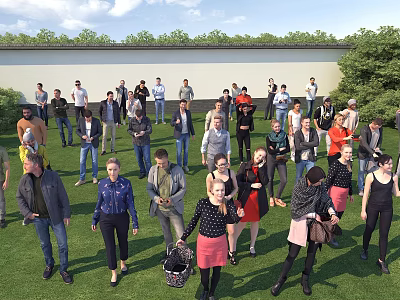 A Group of People Standing On Green Grass Field With Background Wall And Trees 3d model