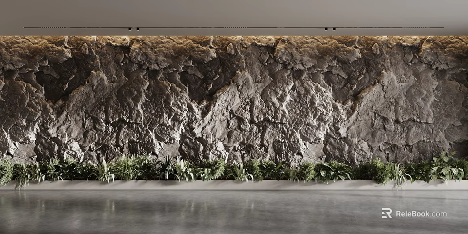 Modern Contemporary Feature Wall With Natural Rock Texture And Base Green Plants 3d model 