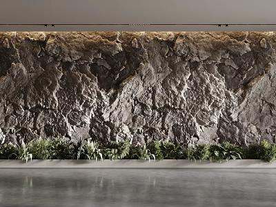 Modern Contemporary Feature Wall With Natural Rock Texture And Base Green Plants 3d model