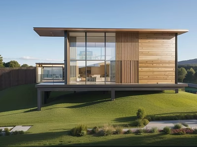 Contemporary Hillside Home With Wooden Exterior And Large Glass Windows On Grassland 3d model