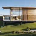Contemporary Hillside Home With Wooden Exterior And Large Glass Windows On Grassland