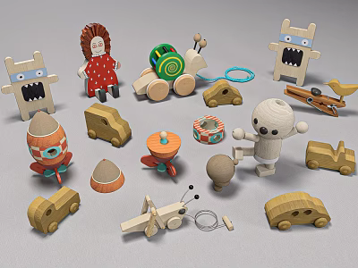 Colorful Wooden Toys With Various Shapes And Cute Designs For Children Play 3d model