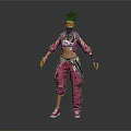 Anime Female Character Wearing Pink Cargo Pants White Black Top And Headscarf Mask