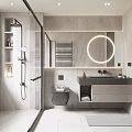 Modern Bathroom Interior With Glass Shower Round Mirror Gray Tiles And Vanity