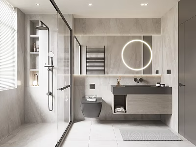 Modern Bathroom Interior With Glass Shower Round Mirror Gray Tiles And Vanity 3d model