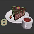 Strawberry Cake with Red Frosting and Strawberries on White Plate with Red Drink and Cookie
