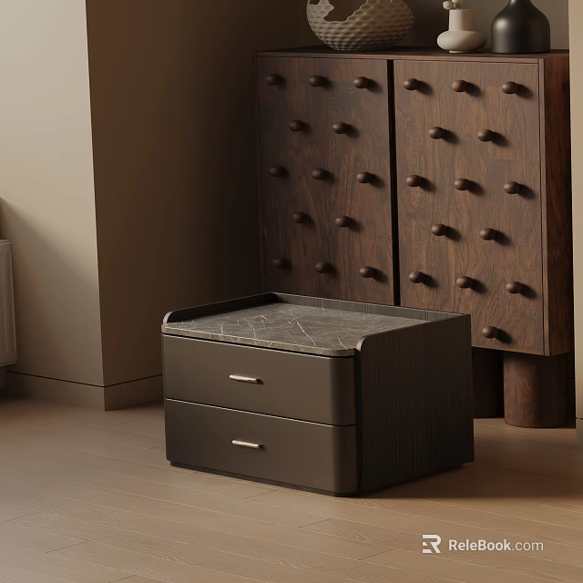 Modern Dark Brown Wooden Nightstand With Two Drawers And Smooth Top Surface 3d model 