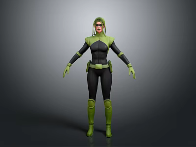 3D Rendered Superhero Character In Green Black Costume With Detailed Armor Gloves And Boots 3d model