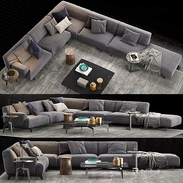 Modern Gray Sectional Sofa with Multiple Pillows Coffee Table and Throw Blanket 3d model