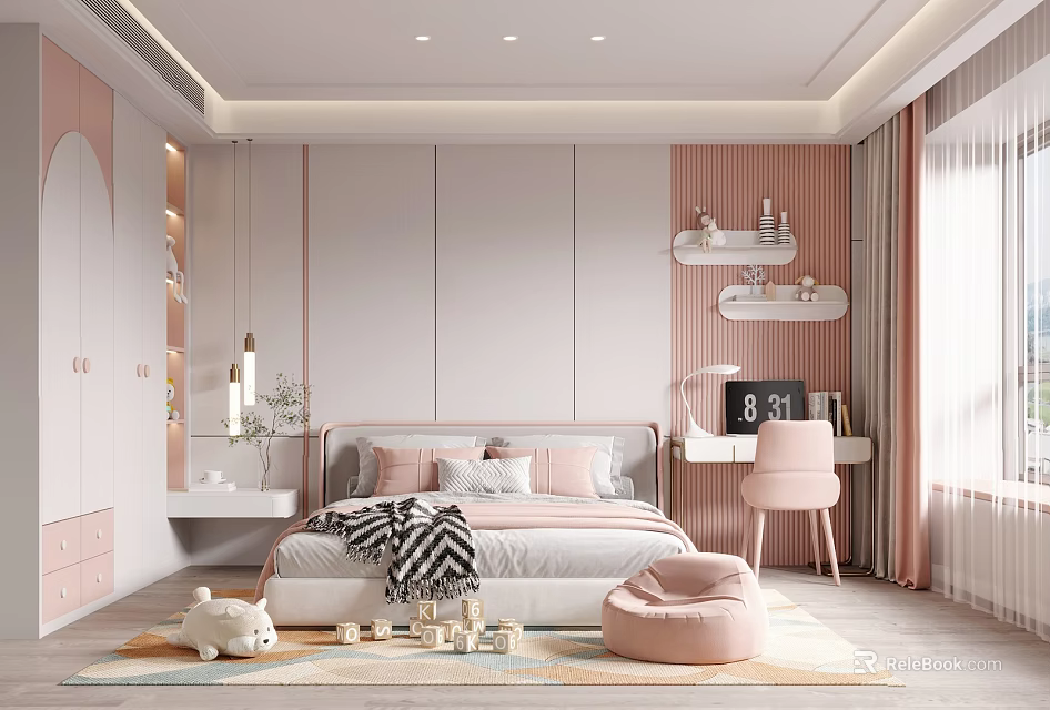 Cozy Pink And White Kids Room With Bed Desk Stuffed Toy And Bean Bag Chair 3d model 