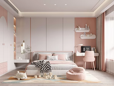 Cozy Pink And White Kids Room With Bed Desk Stuffed Toy And Bean Bag Chair 3d model
