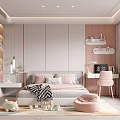 Cozy Pink And White Kids Room With Bed Desk Stuffed Toy And Bean Bag Chair