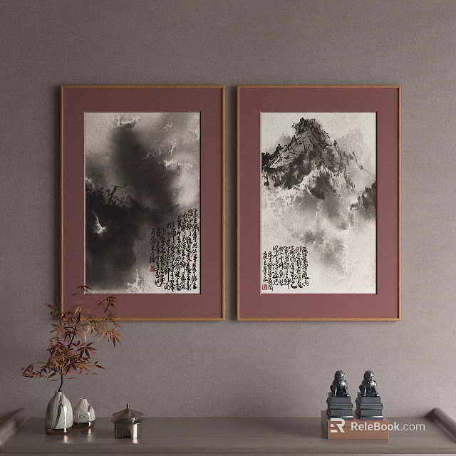 Two Framed Chinese Ink Paintings With Mountain Scenes Calligraphy On Wall And Decorative Items 3d model 