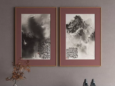 Two Framed Chinese Ink Paintings With Mountain Scenes Calligraphy On Wall And Decorative Items 3d model