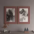 Two Framed Chinese Ink Paintings With Mountain Scenes Calligraphy On Wall And Decorative Items