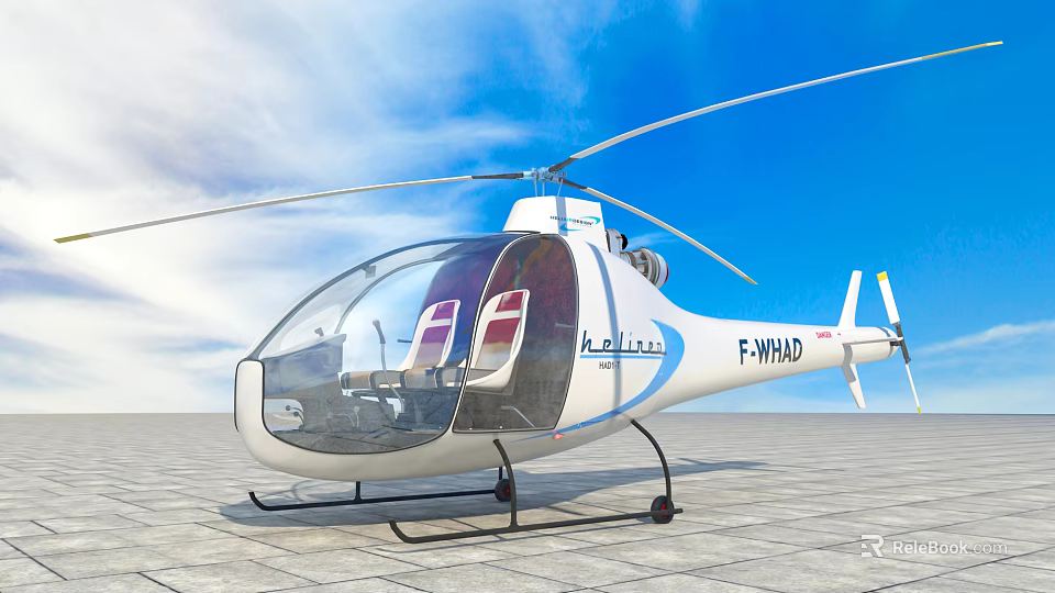 White Aerospatiale Helicopter With Transparent Cockpit Seats Blue Sky White Clouds Gray Stone Ground 3d model 