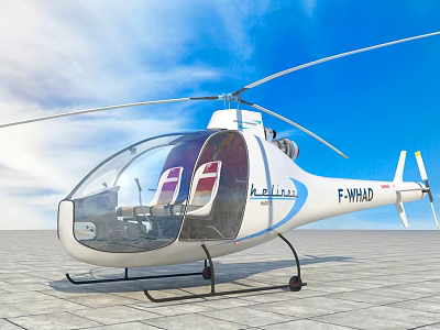 White Aerospatiale Helicopter With Transparent Cockpit Seats Blue Sky White Clouds Gray Stone Ground 3d model