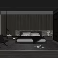 Modern Bedroom Interior With Dark Wood Wall Paneling Bed Nightstand Lamp Chair And Area Rug