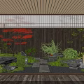 Serene Courtyard Garden With Wooden Ceiling Red Maple Tree Green Plants And Stone Path