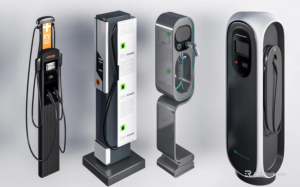 Public Electric Vehicle Charging Stations With Various Modern Designs And Charging Ports 3d model 