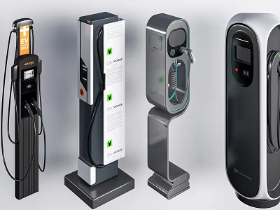 Public Electric Vehicle Charging Stations With Various Modern Designs And Charging Ports 3d model
