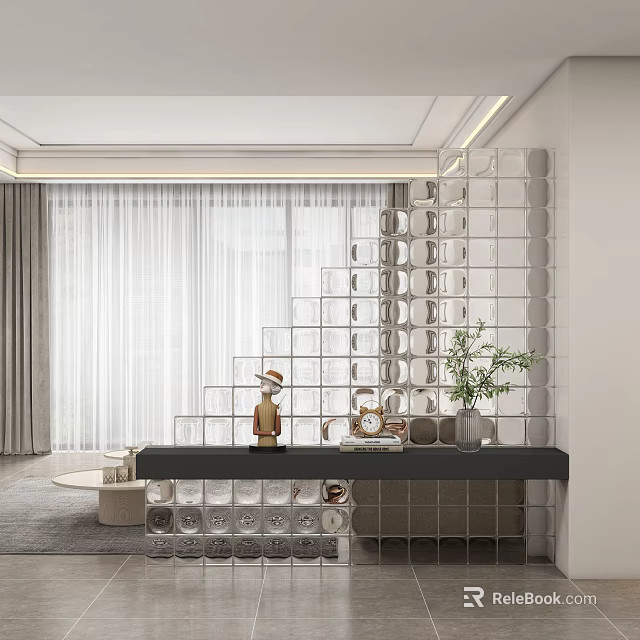 Entryway Hallway Featuring Glass Block Wall Black Countertop Decorative Ornaments Green Plant And Natural Light 3d model 