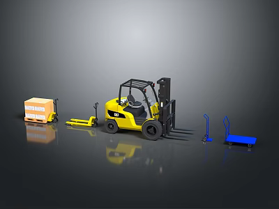 Industrial Logistics Equipment Featuring Yellow Forklift Pallet Truck Blue Hand Truck And Orange Crate 3d model